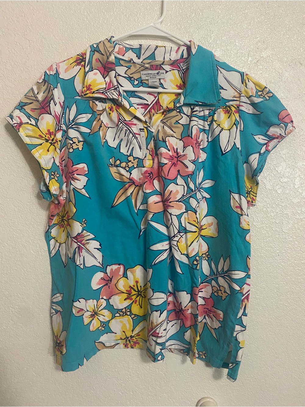 Vintage Caribbean Joe Tropical Floral Cap Sleeve Top Shirt Cruise Summer Floral